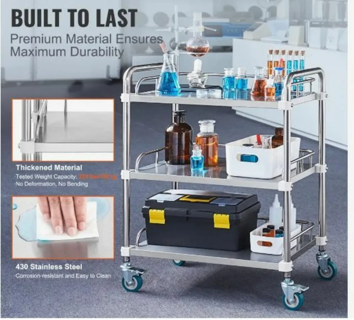 Lab Rolling Cart, 3-Shelf Stainless Steel - Image 3