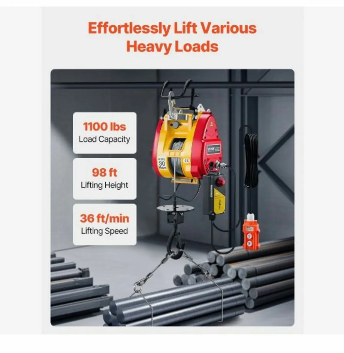 2-in-1 Electric Hoist Winch, 1100 lbs Capacity - Image 2