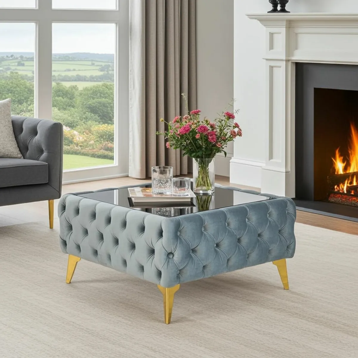 Luxury Velvet Chesterfield Coffee Table 63x63x35cm - Image 4