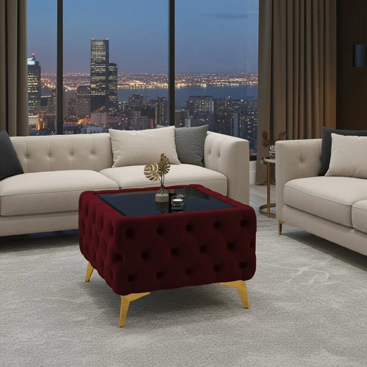 Chesterfield Velvet Square Coffee Table with Glass - Image 2