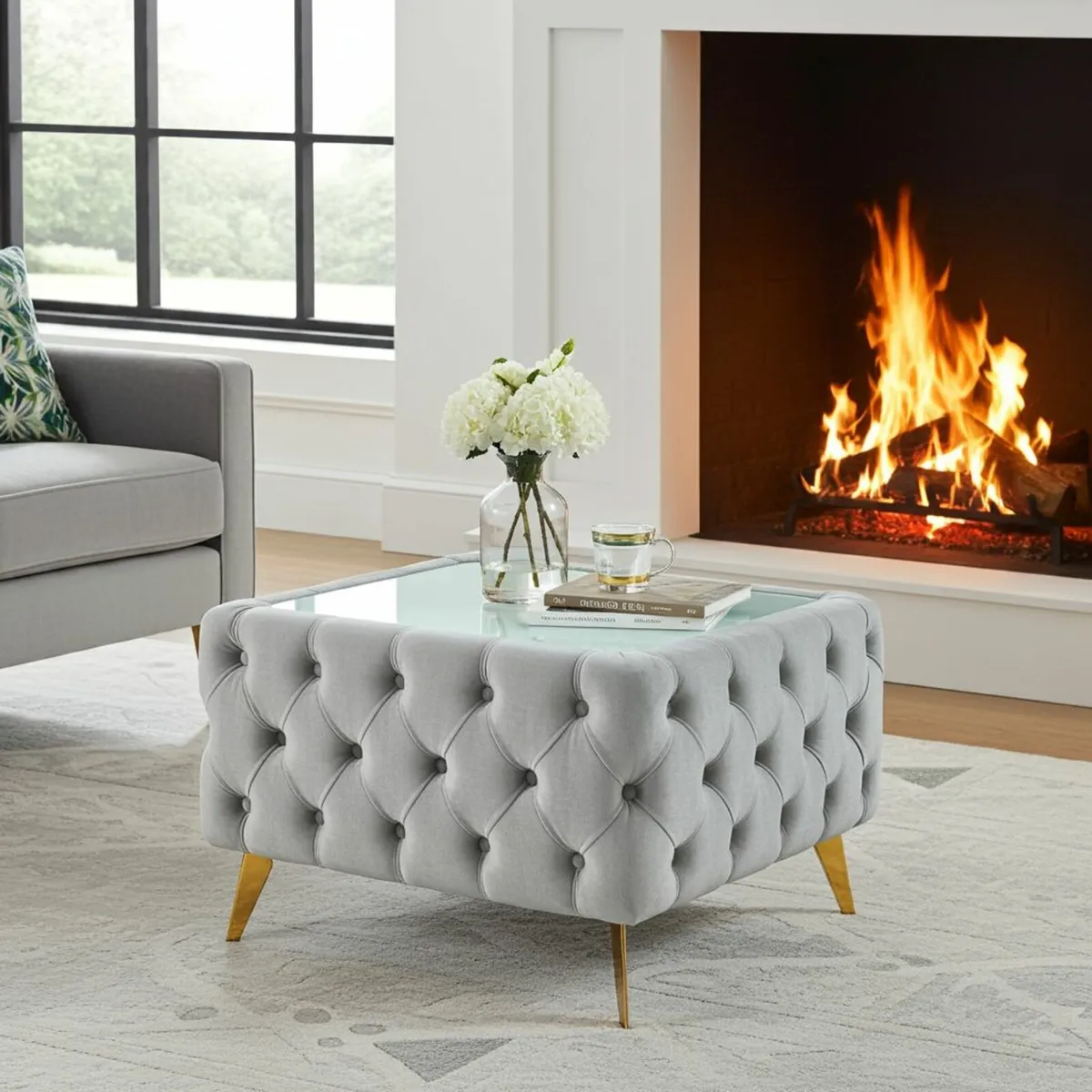 Chesterfield Velvet Square Coffee Table with Glass - Image 2