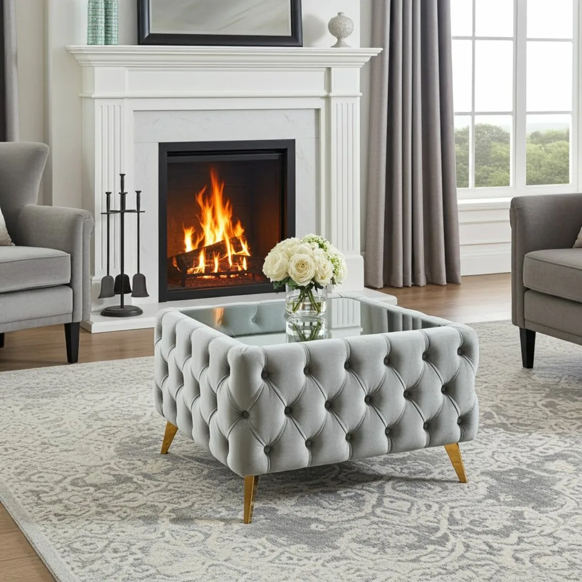 Chesterfield Velvet Square Coffee Table with Glass - Image 3