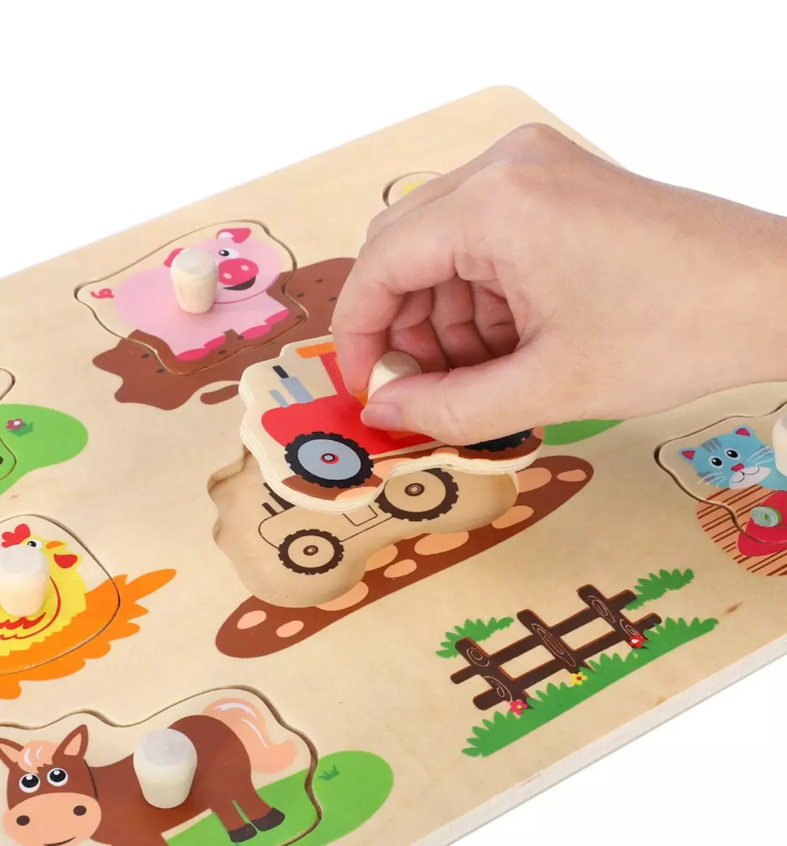 NEW Wooden Farm Animals Peg Puzzles Education Toy - Image 1