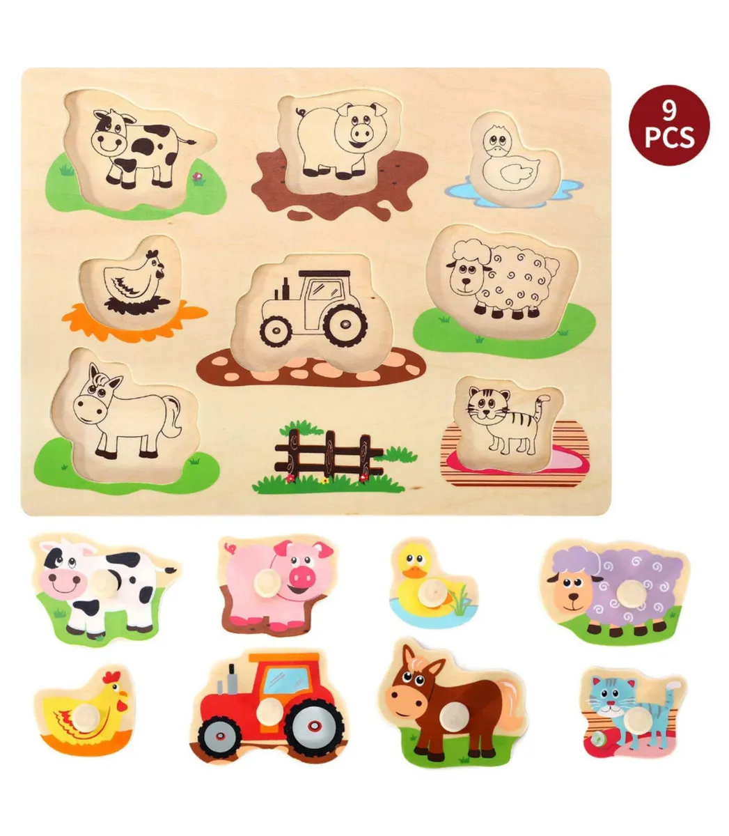 NEW Wooden Farm Animals Peg Puzzles Education Toy - Image 2