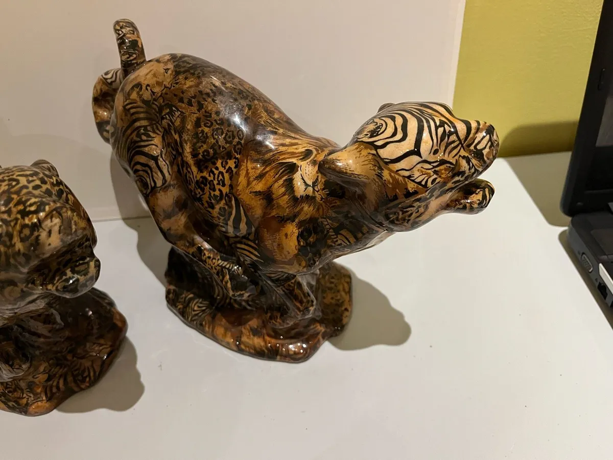 Pair of Glazed Ceramic Leopards. Vintage. Collage - Image 3