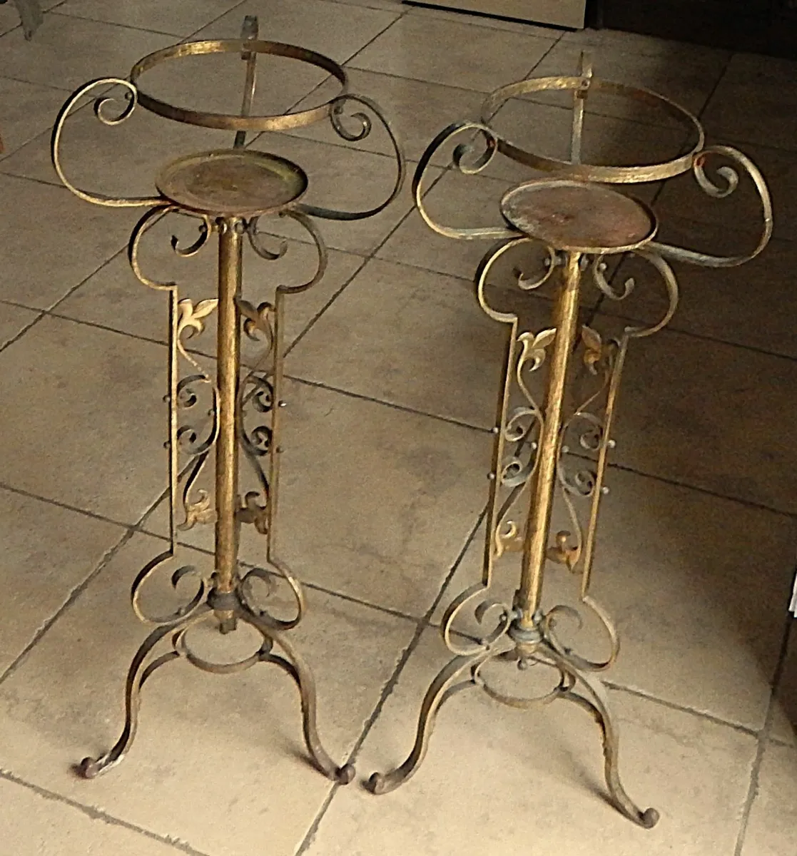 Pair of Ornate Vintage Brass Church Plant Stands - Image 1