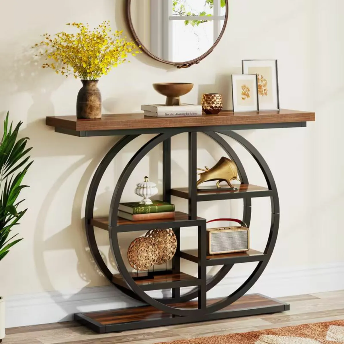 Wooden Entrance Table Circular Base with Shelves - Image 2
