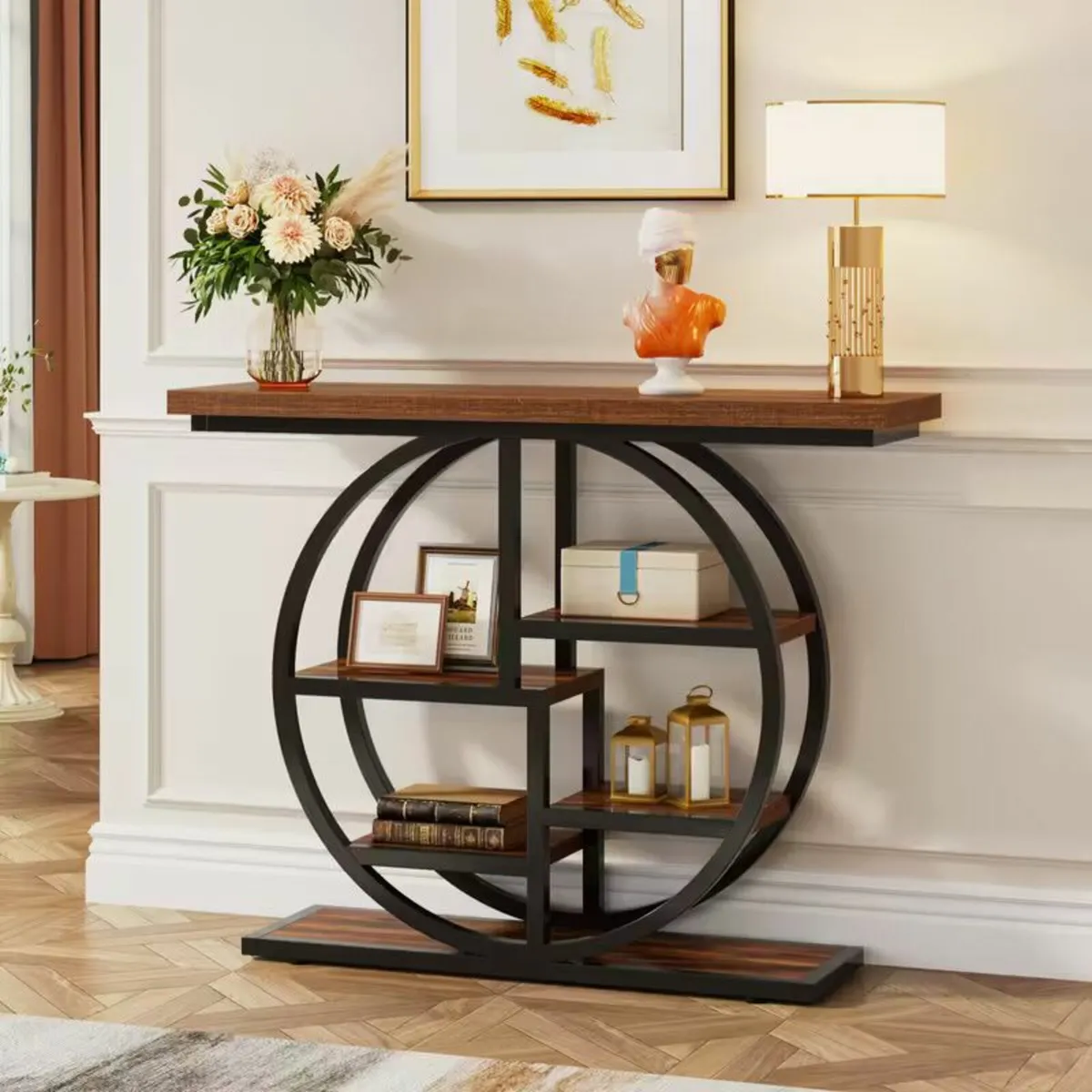 Wooden Entrance Table Circular Base with Shelves - Image 3