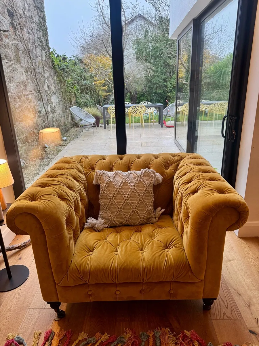 Velvet mustard love chair with ottoman - Image 1