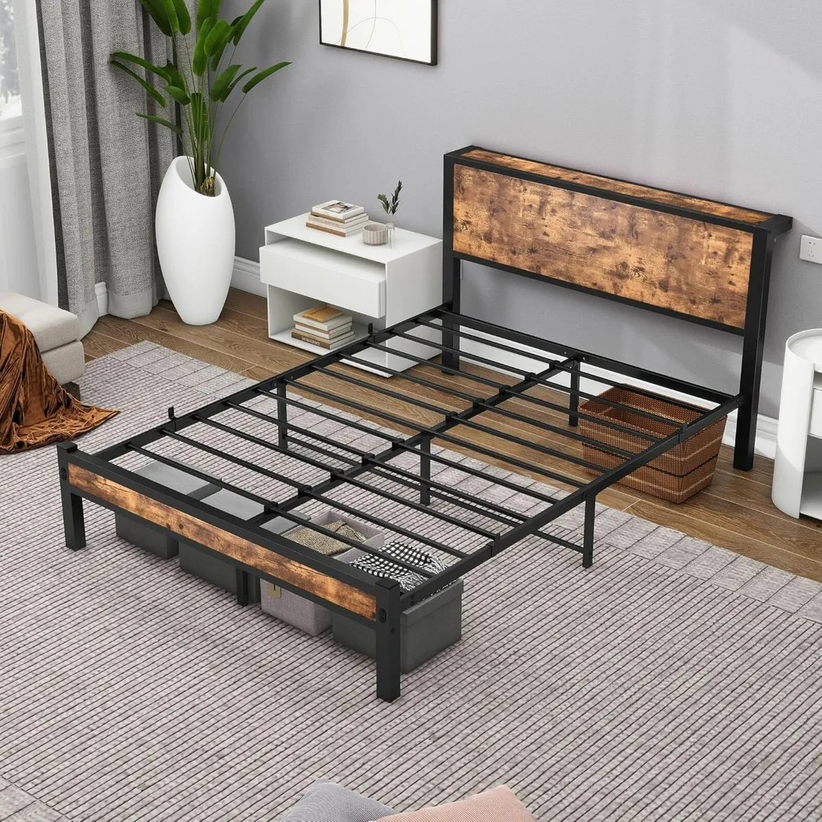 Double Bed Frame Storage Shelf Headboard 135x190cm - Image 3