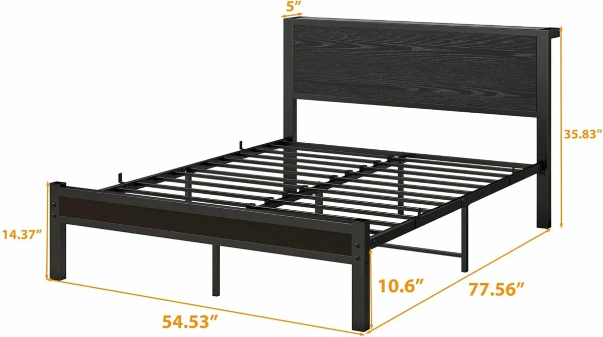 Double Bed Frame Wooden Headboard Black 135x190cm - Image 2