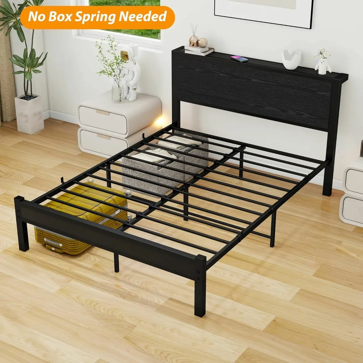 Double Bed Frame Wooden Headboard Black 135x190cm - Image 4