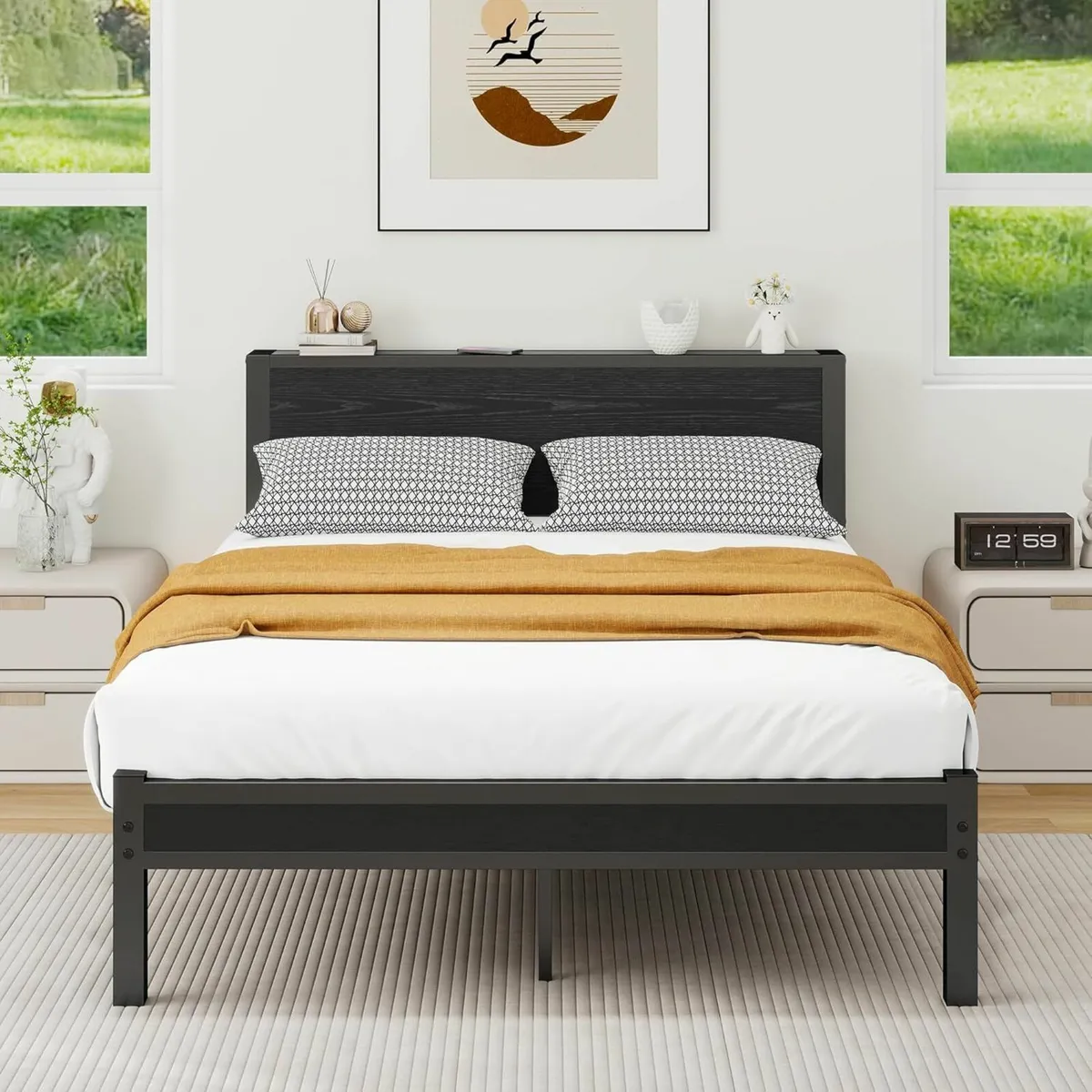 Double Bed Frame Wooden Headboard Black 135x190cm - Image 1