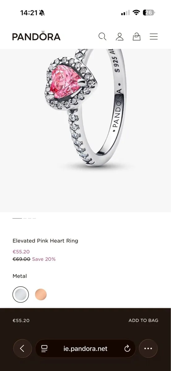 Pandora Elevated Pink Heart Ring size 54 - Image 1