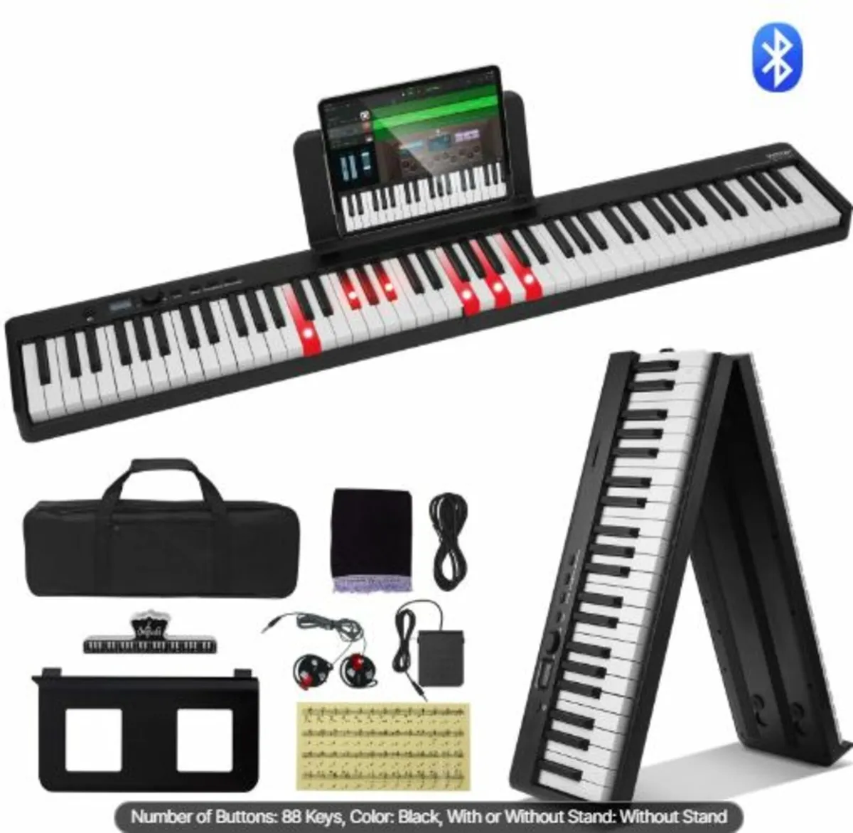 88 Key Folding Keyboard Piano, Bluetooth & MIDI, - Image 1