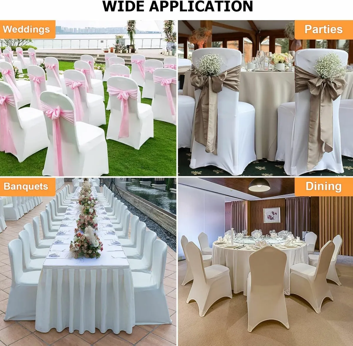100 Pcs White Stretch Spandex Chair Covers + Golde - Image 3