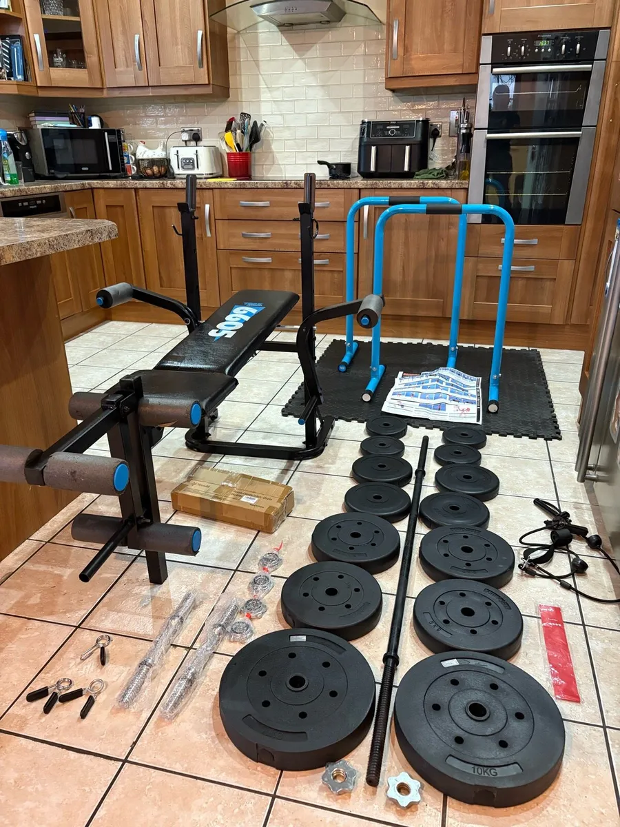 CHEAP GYM SET, BENCH, TRI DIP, WEIGHT, MAT, BARS!! - Image 1