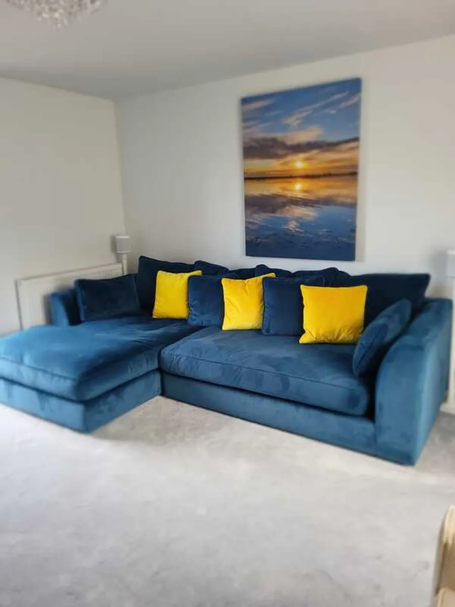 Deep Teal Velvet Corner Sofa with Mustard Cushions Excellent Condition - Image 1