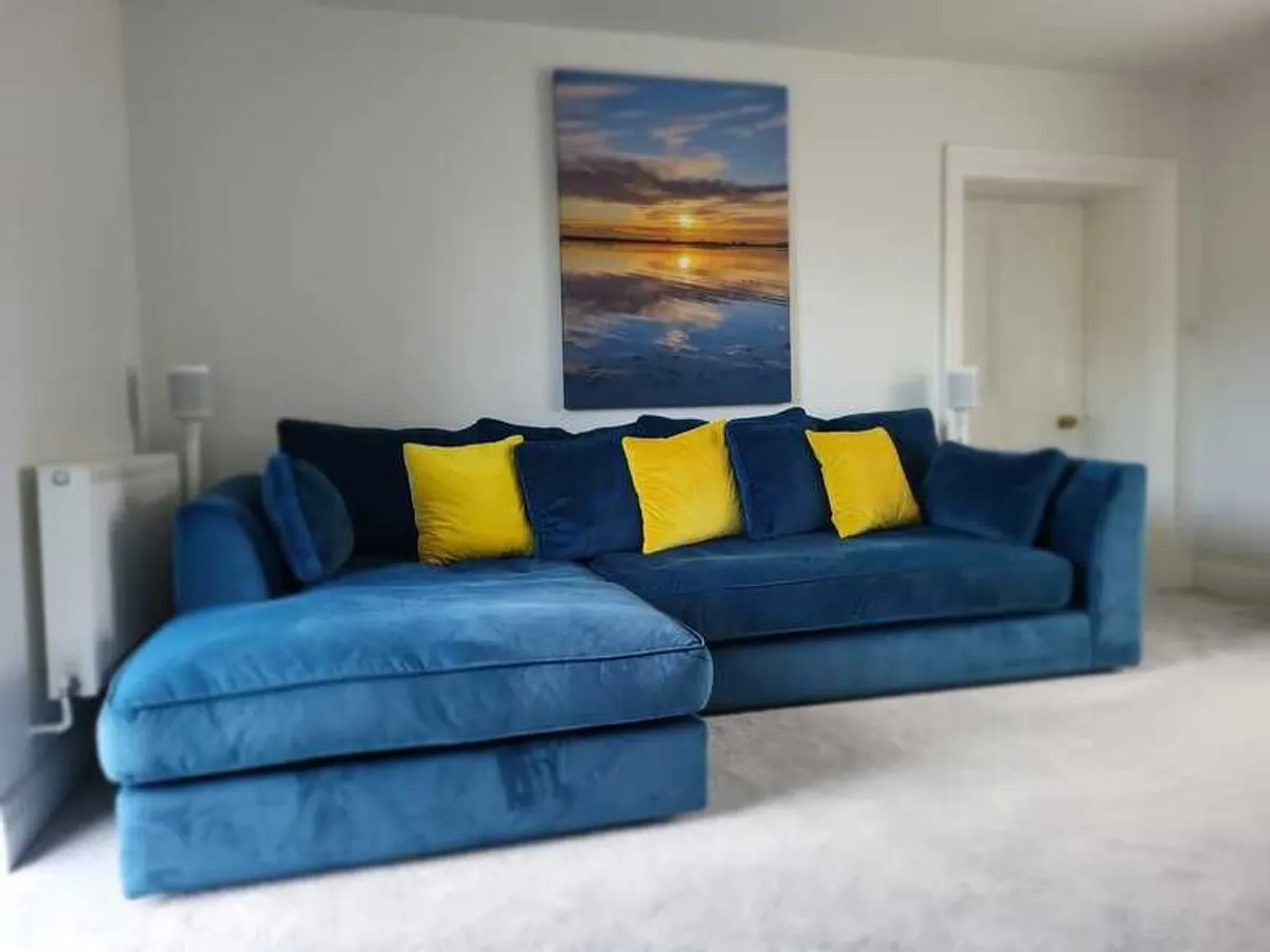 Deep Teal Velvet Corner Sofa with Mustard Cushions Excellent Condition - Image 2