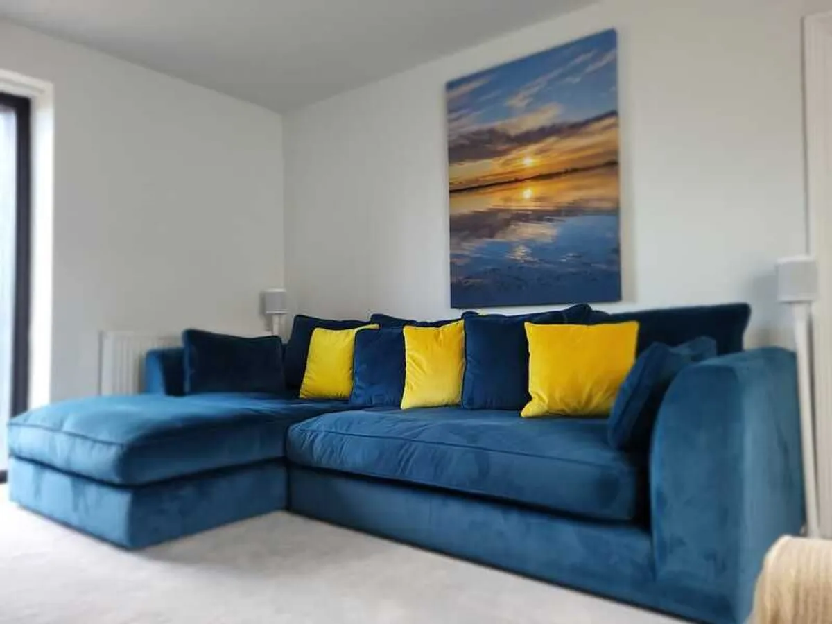 Deep Teal Velvet Corner Sofa with Mustard Cushions Excellent Condition - Image 3