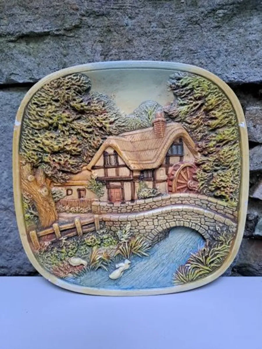 Vintage 3D wall plate Cottage by the River - Image 1