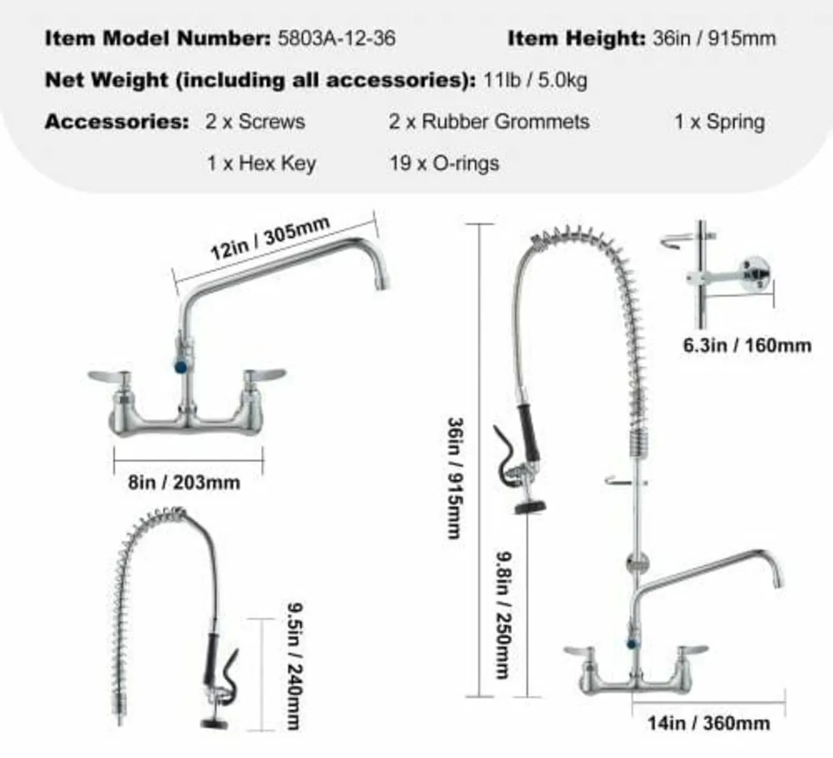Commercial Faucet with Pre-Rinse Sprayer, 36" (91. - Image 2