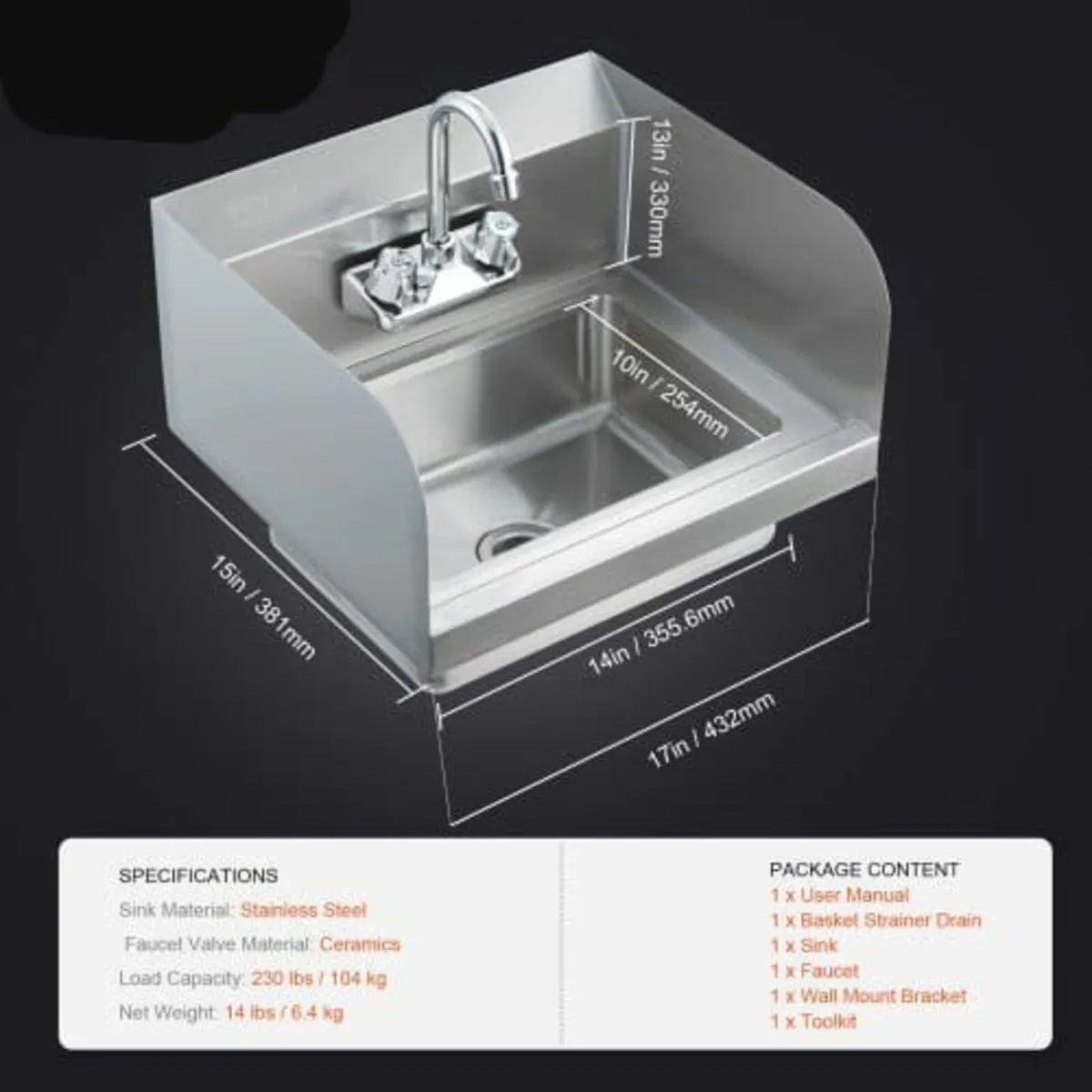 Commercial Hand Sink with Faucet and Side Splash, - Image 3
