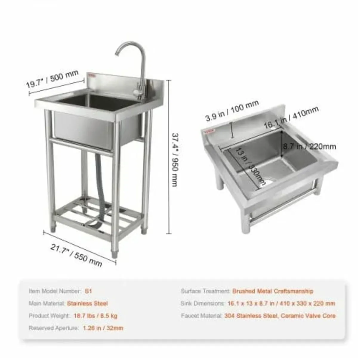 Stainless Steel Utility Sink, 1 Compartment Free S - Image 3