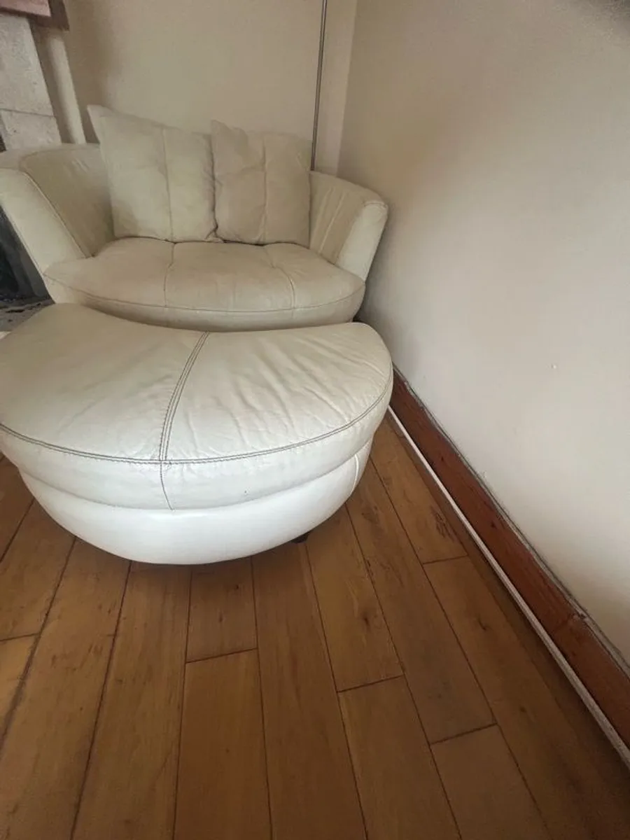 White leather sofa & Swivel Chair - Image 1