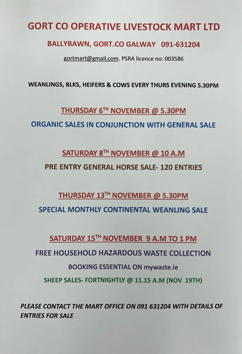 Gort Mart: Thurs 6th Nov: Organic & General sale