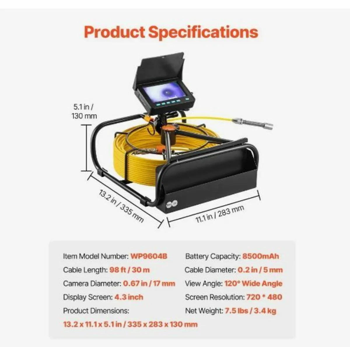 Sewer Camera, 98 ft/30 m, 4.3-inch - Image 2