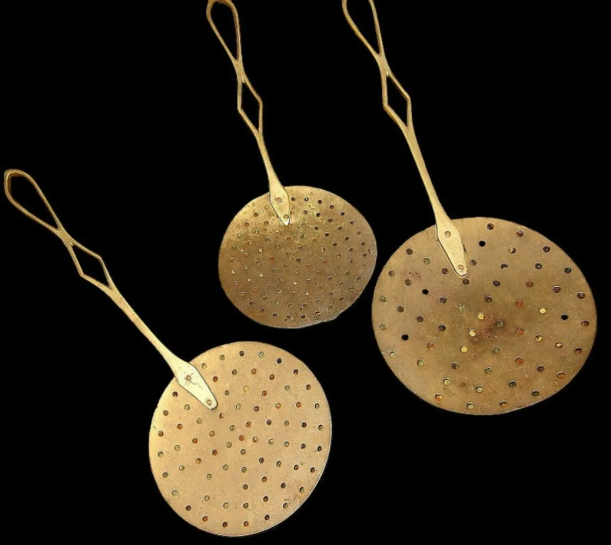 Trio Of Brass.Copper Chestnut Roasters / Skimmers - Image 1