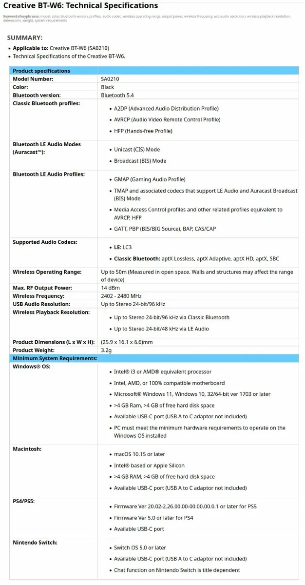 Creative BT-W6 Bluetooth 5.4 adapter incl LE Audio - Image 4