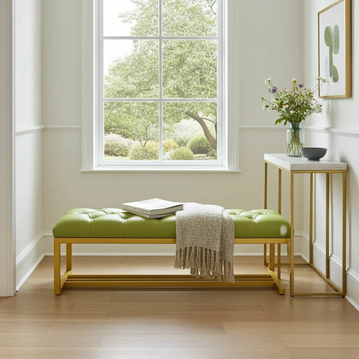 Metal-Framed Bench 140x40cm Green Eco Leather - Image 2