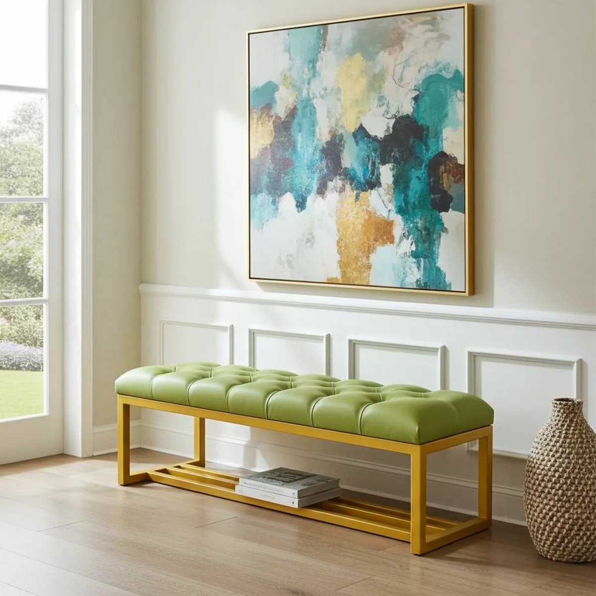 Metal-Framed Bench 140x40cm Green Eco Leather - Image 1