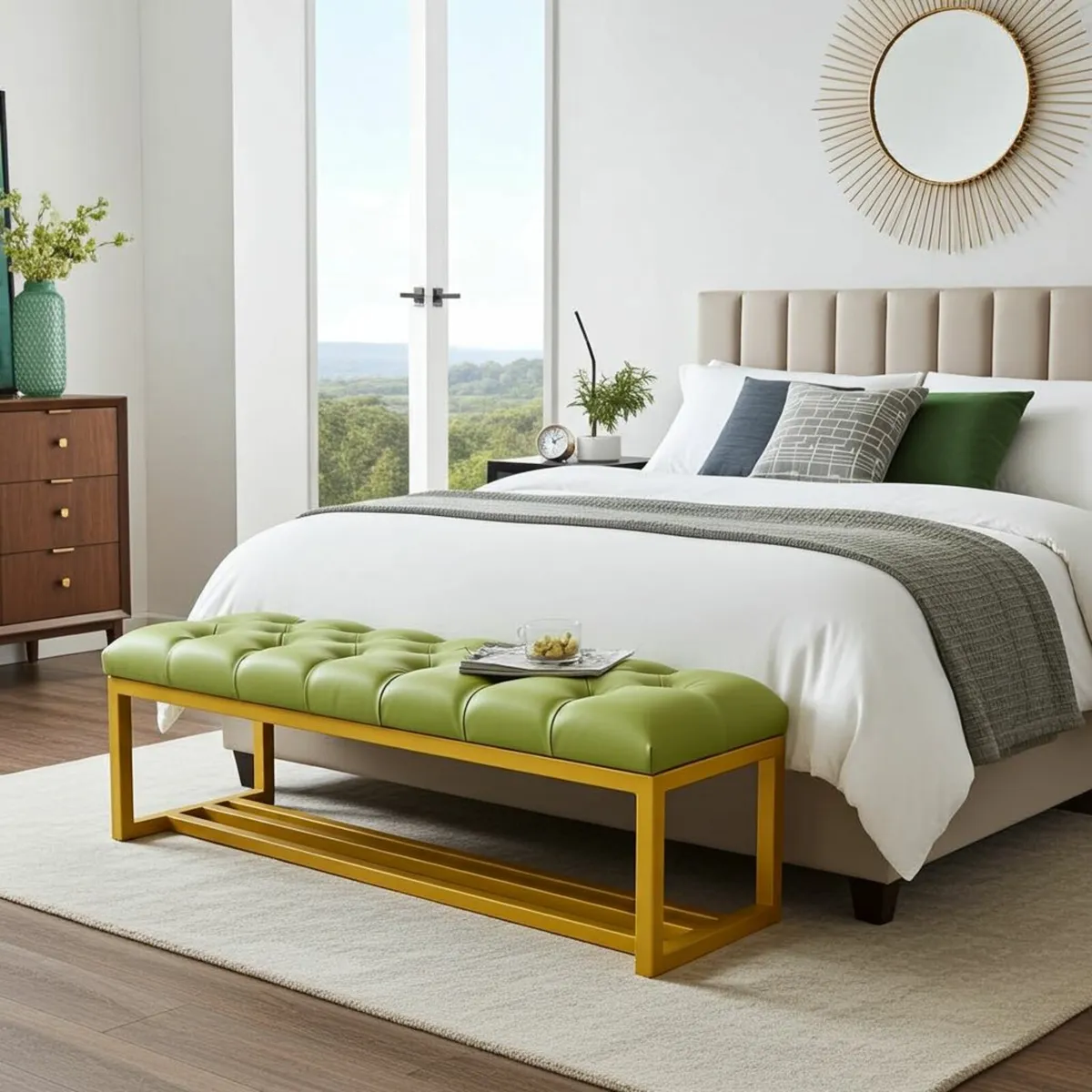 Metal-Framed Bench 140x40cm Green Eco Leather - Image 3