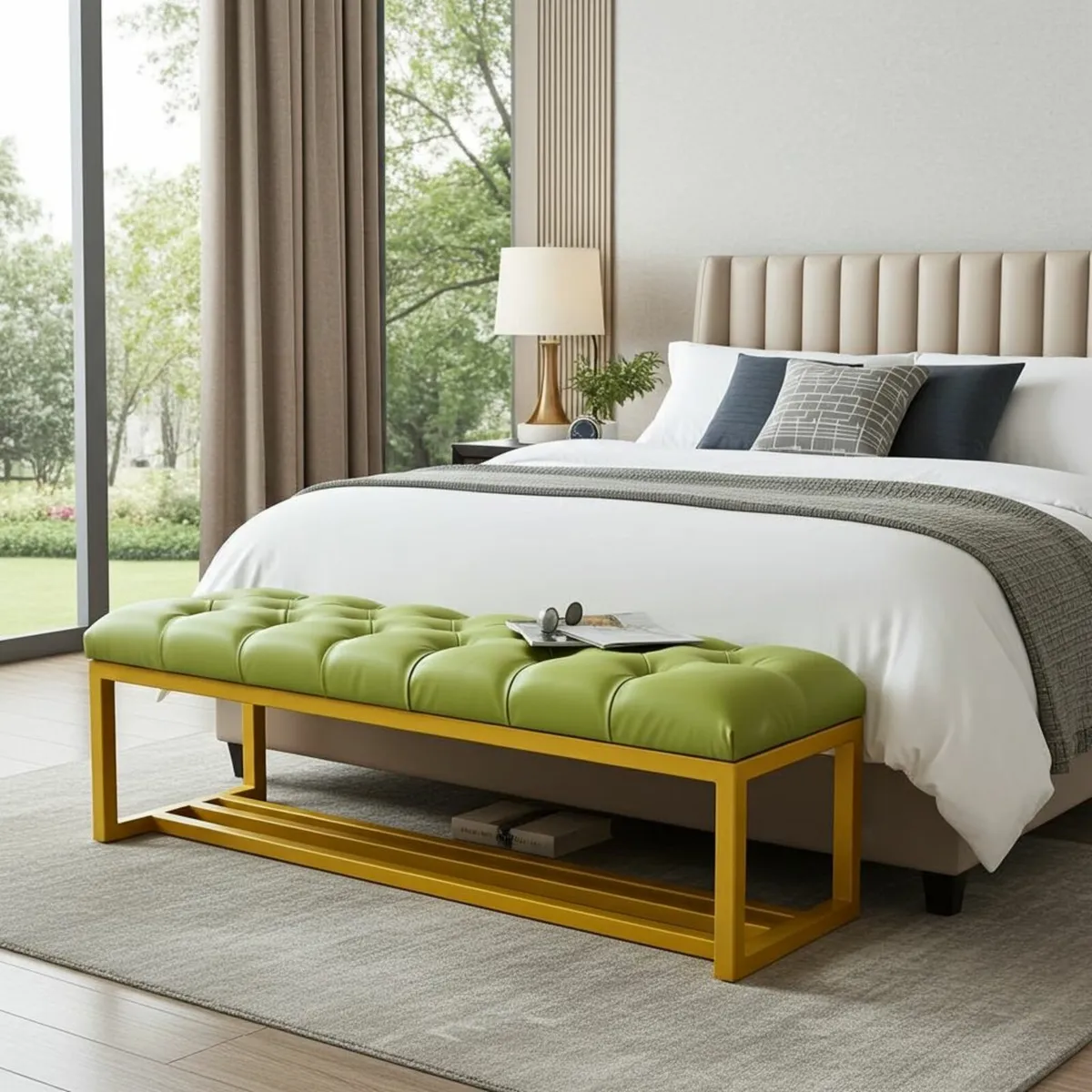 Metal-Framed Bench 140x40cm Green Eco Leather - Image 4