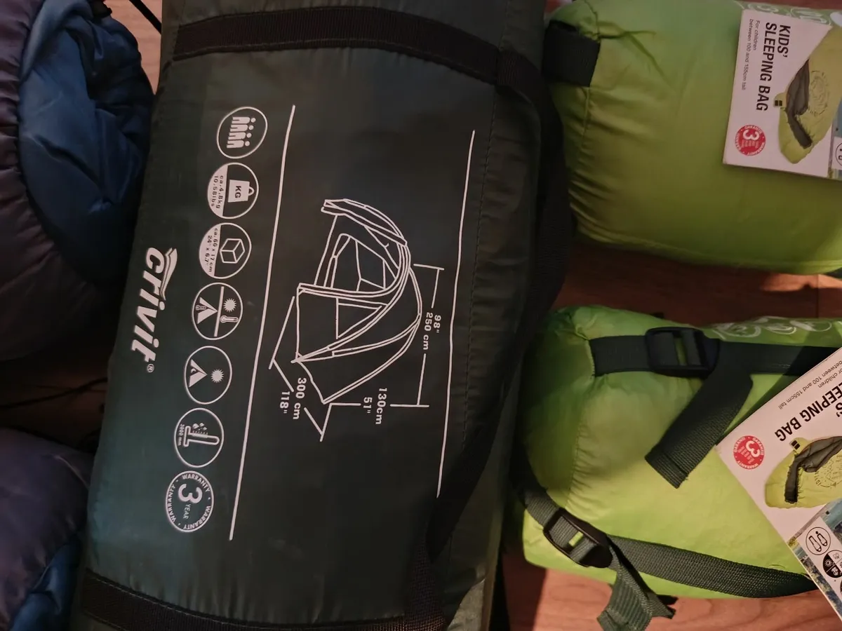 Tent, sleeping bags, life wests, cooler bag