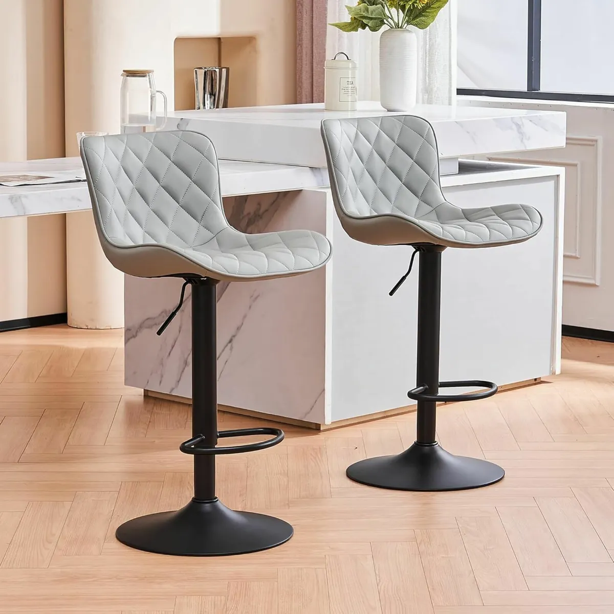 Set of 2 Gray Leather Barstools Adjustable - Image 1