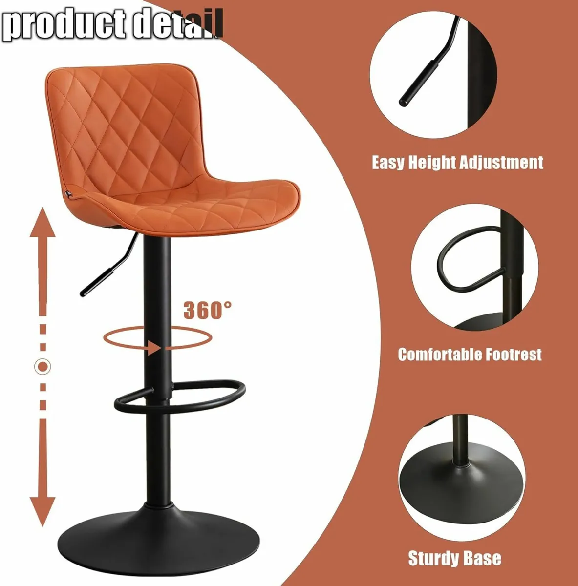 Bar Stools Set of 2 Swivel Adjustable Leather - Image 4