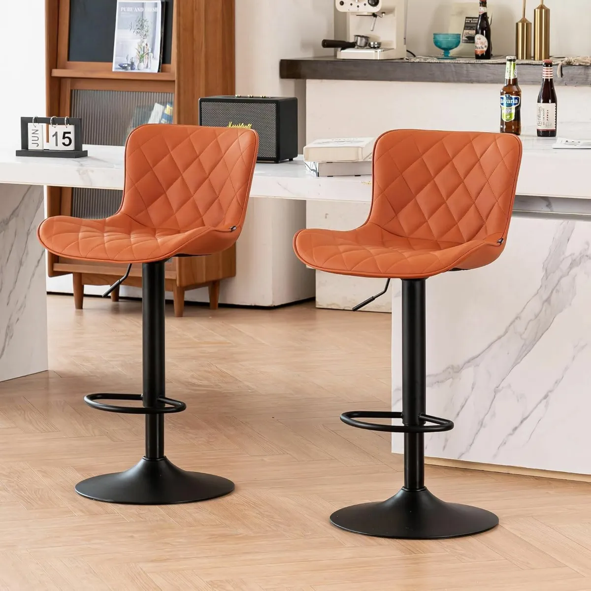 Bar Stools Set of 2 Swivel Adjustable Leather - Image 1