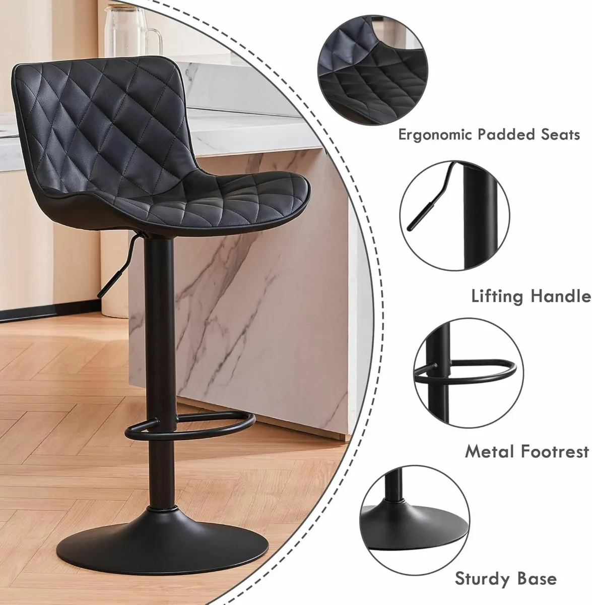 Black Bar Stools Set of 2 PU Leather Swivel - Image 4