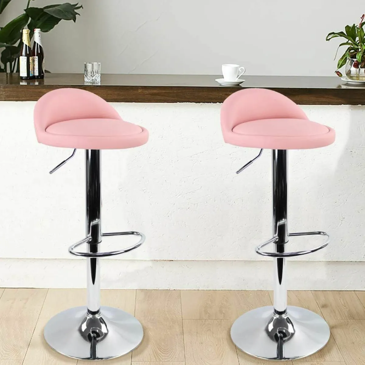 Round Bar Stool Back Rest Height Adjustable Pink - Image 1
