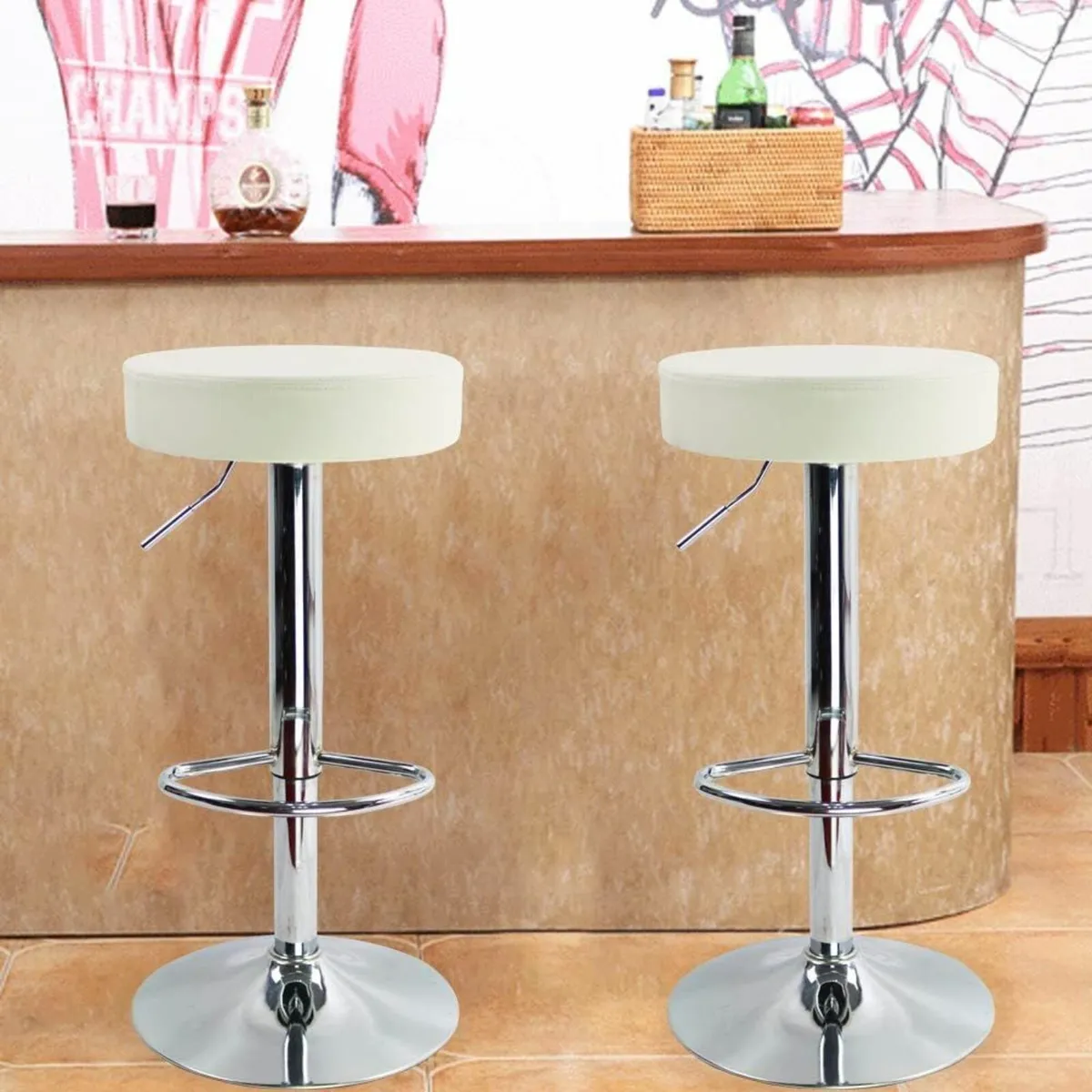 Round Bar Stool PU Leather Footrest Adjustable - Image 1