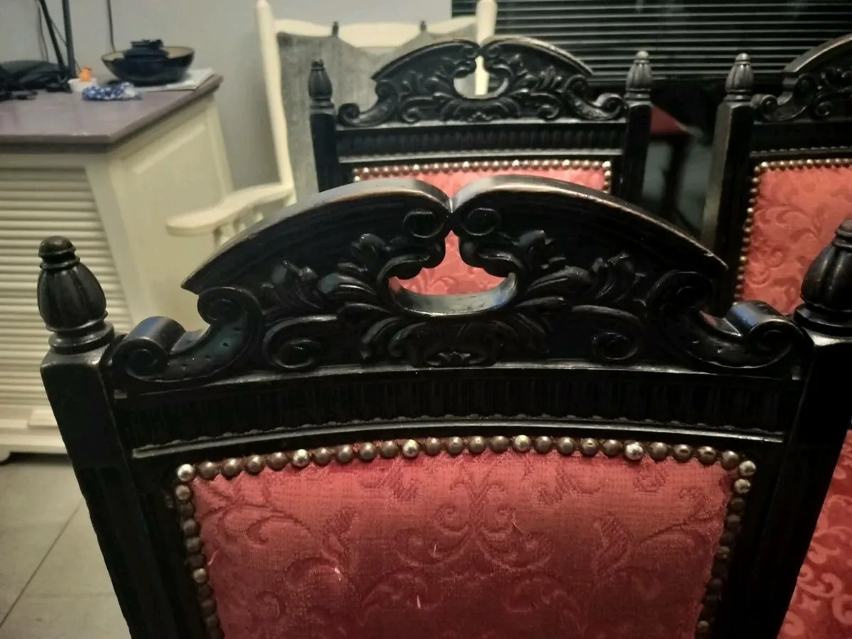 4 Antique Dining Chairs with Red Upholstery - Image 2