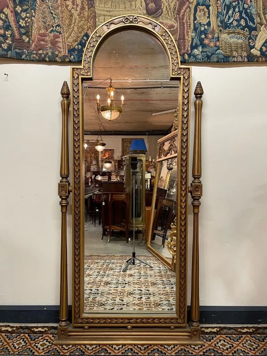 Grand Neoclassical Style Floor Mirror. Ornate Carved Frame & Finials - Image 1