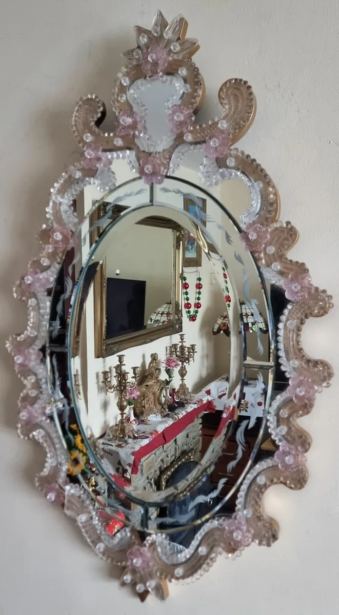 Italian Murano Glass Pink Flowers Venetian Mirror - Image 1