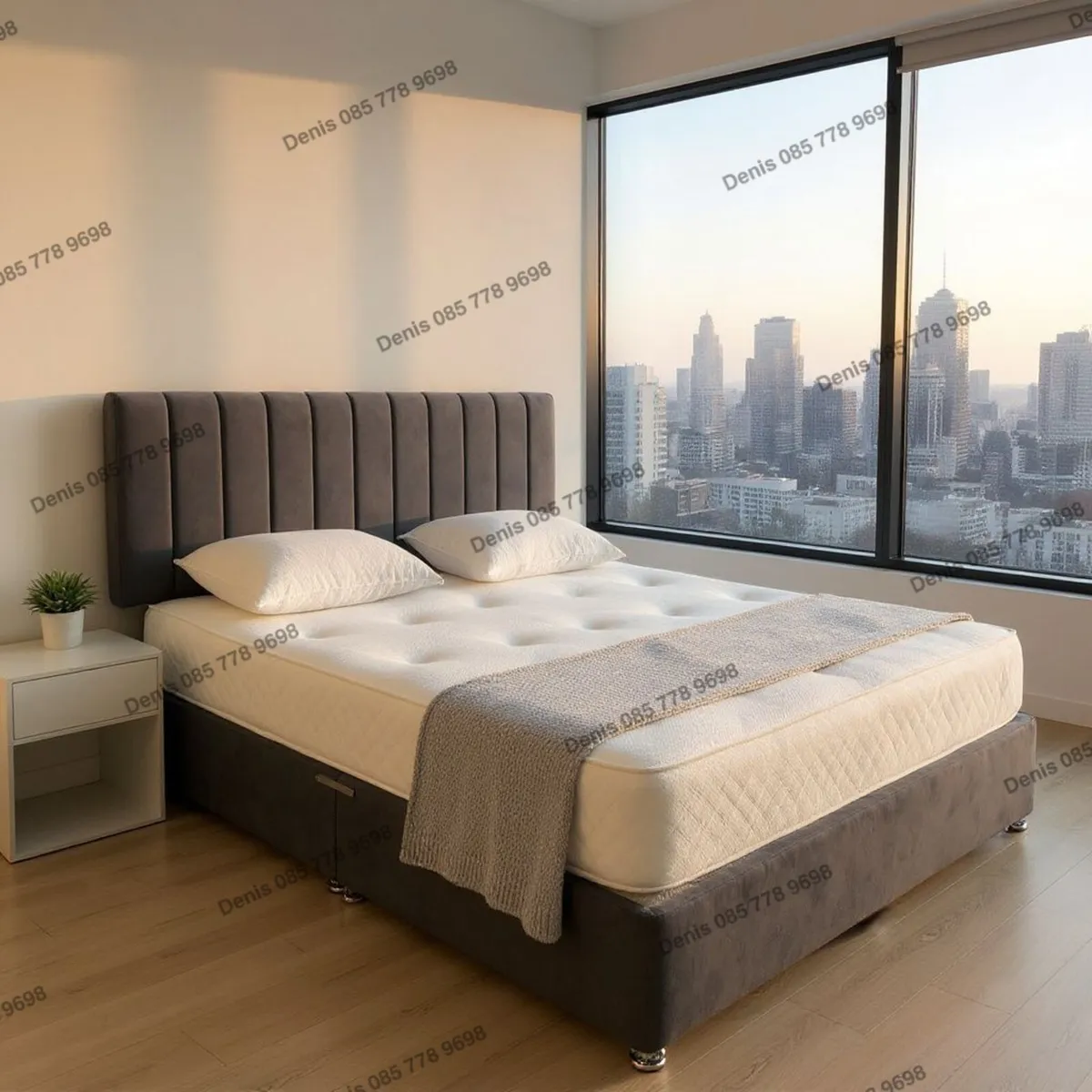 New Grey Divan Base, Headboard & Mattresses