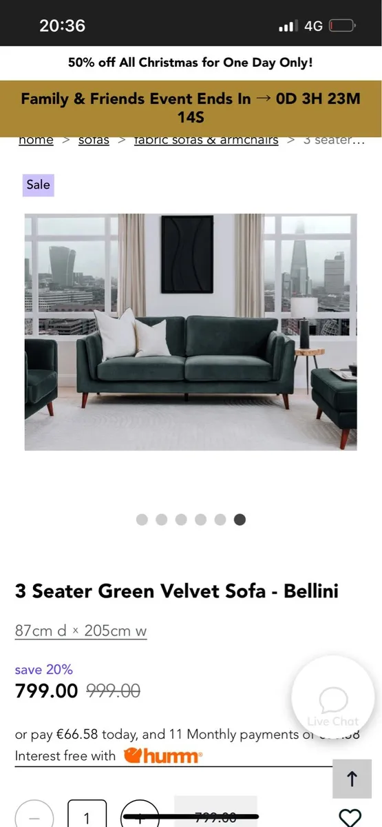3 Seater Green Velvet Sofa - Bellini - Image 3