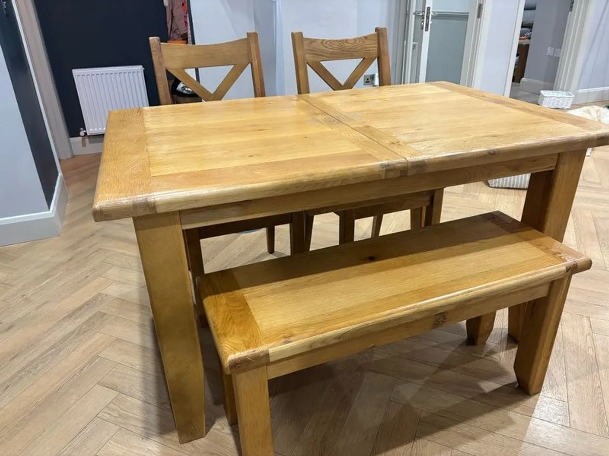 Solid Oak Extendable Dining Table 2 chairs & a bench - Image 1